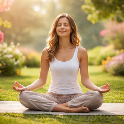 femme-medite-jardin-fleurs-arbres