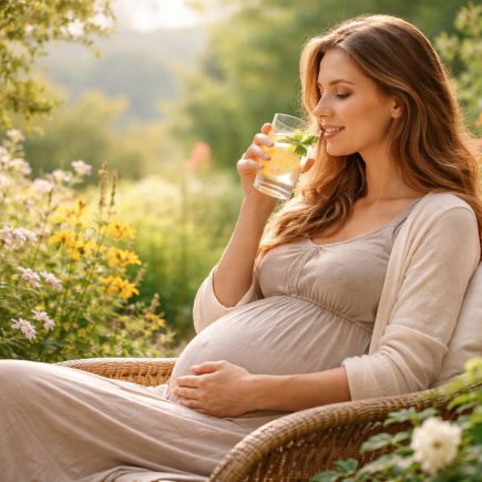 femme-enceinte-jardin-fleuri-verre-eau