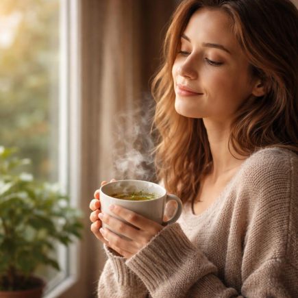 personne-tasse-tisane-plantes-lumiere-douce