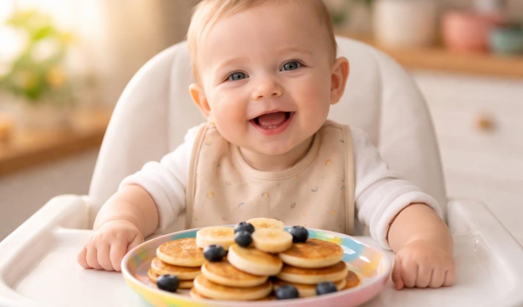 bebe-souriant-chaise-assiette-pancakes