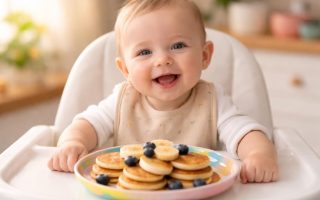 bebe-souriant-chaise-assiette-pancakes