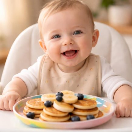 bebe-souriant-chaise-assiette-pancakes