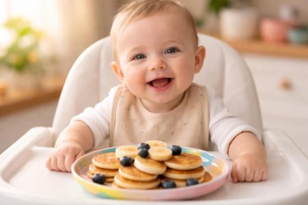 bebe-souriant-chaise-assiette-pancakes