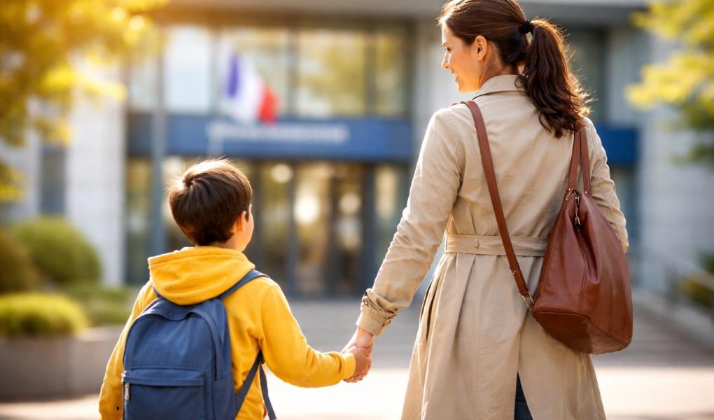 mere-enfant-batiment-moderne-flou