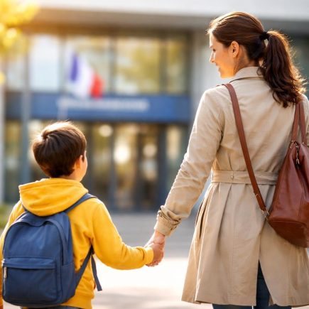 mere-enfant-batiment-moderne-flou