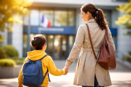 mere-enfant-batiment-moderne-flou